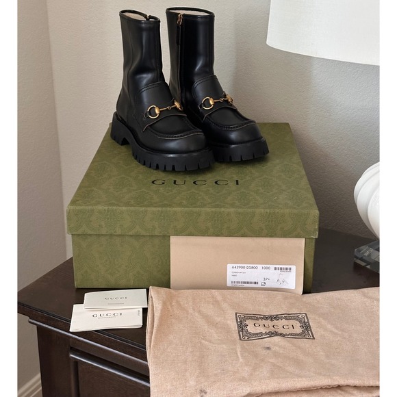 NIB Gucci Cordovan Lux Black Leather Horsebit Bee Embroidered Combat Boots 37.5 - Picture 13 of 15